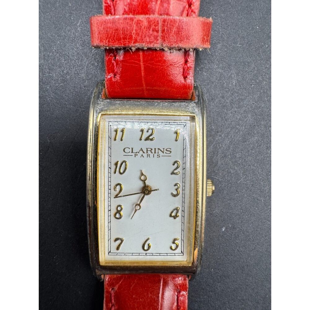 Clarins Paris Rectangular Gold Tone w/ White Dial Watch Red Leather Band Working